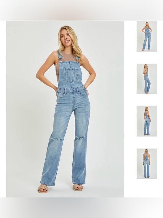 Risen Jeans Pants - Light Blue Denim Overall Jumpsuit with Straight Leg